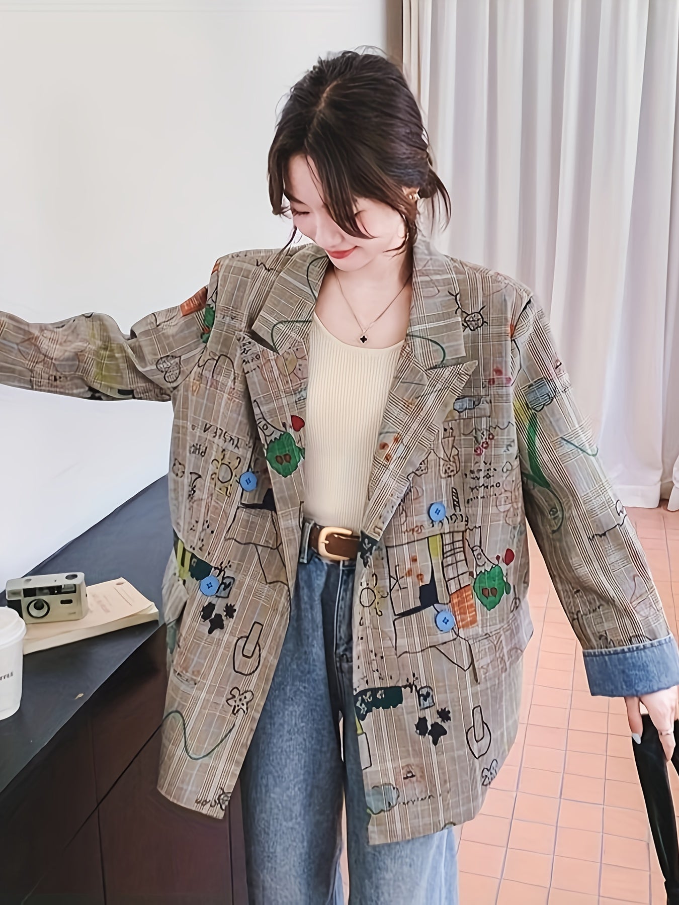 Women's Blazer - Loose Fit Jacket with Button Front, Mid-Length Office-to-Casual Coat in Beige, Green, Blue, Brown, Orange, Black, White, Gray - Machine Washable Everyday Outerwear, Casual Streetwear, Street Art Style, Doublesbreasted Design