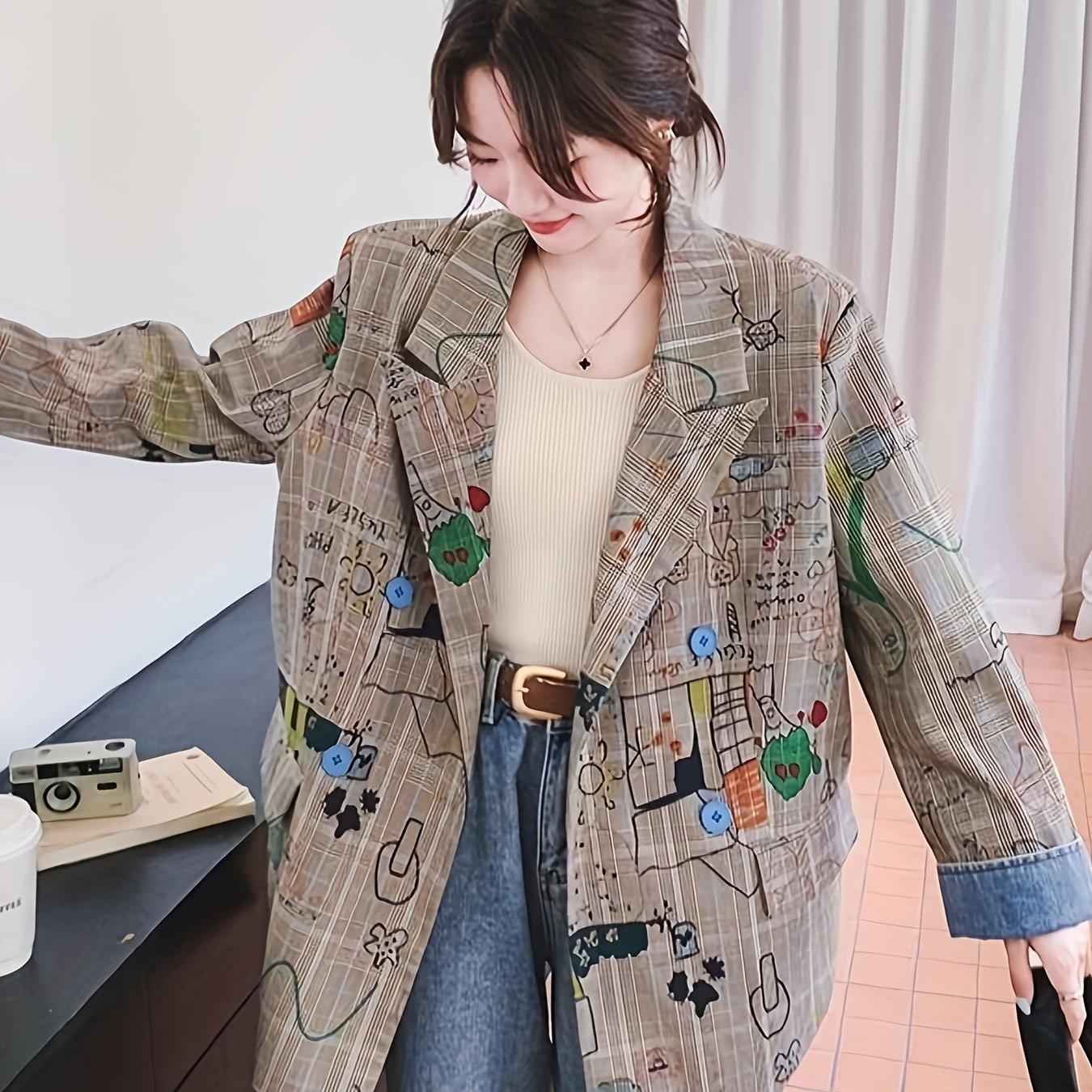 Women's Blazer - Loose Fit Jacket with Button Front, Mid-Length Office-to-Casual Coat in Beige, Green, Blue, Brown, Orange, Black, White, Gray - Machine Washable Everyday Outerwear, Casual Streetwear, Street Art Style, Doublesbreasted Design