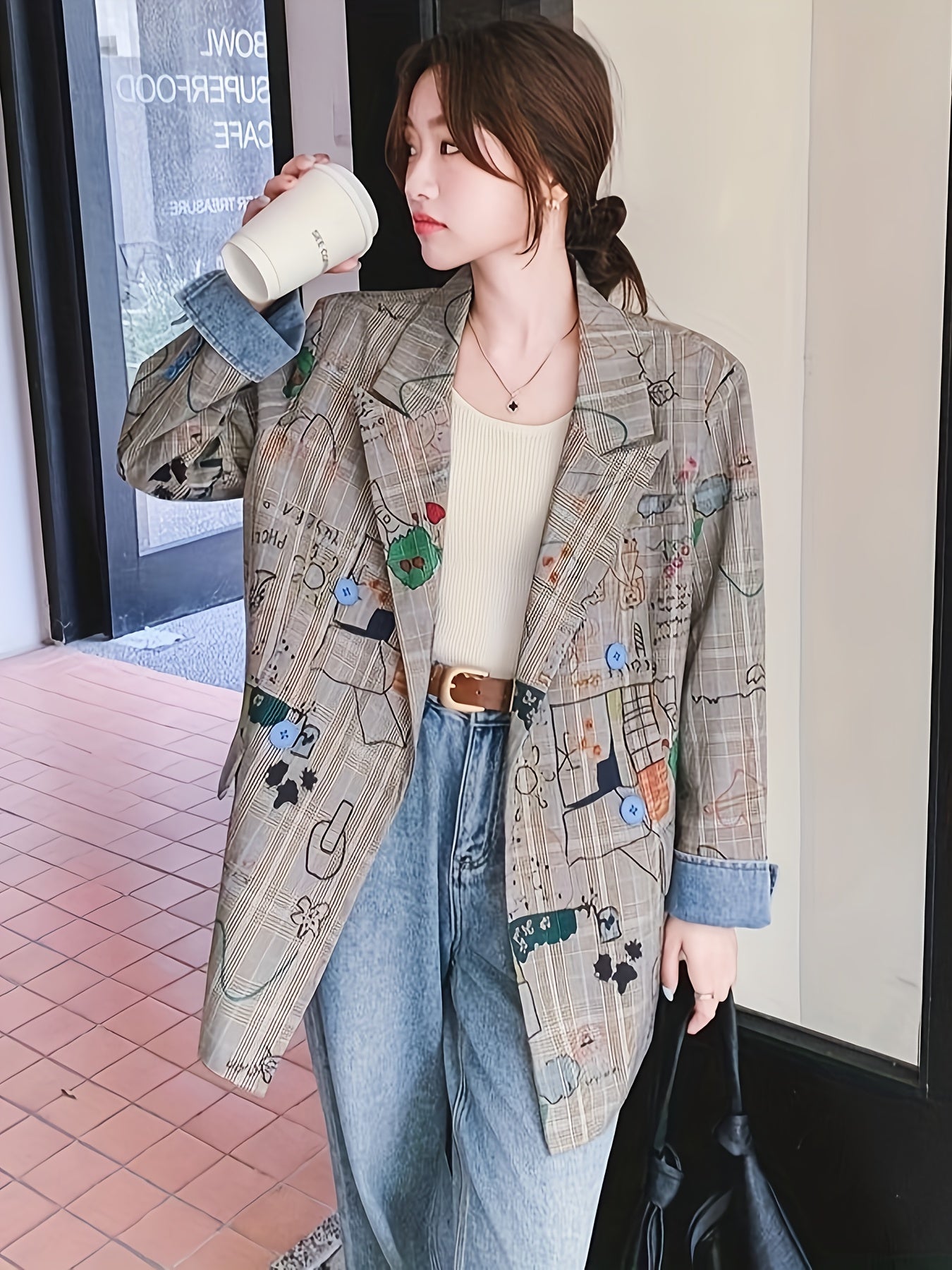 Women's Blazer - Loose Fit Jacket with Button Front, Mid-Length Office-to-Casual Coat in Beige, Green, Blue, Brown, Orange, Black, White, Gray - Machine Washable Everyday Outerwear, Casual Streetwear, Street Art Style, Doublesbreasted Design